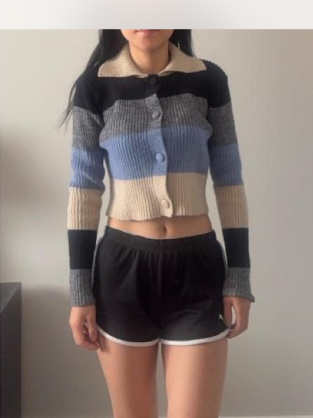 Striped Rib-Knit Cropped Cardigan Sweater in Blue, Gray, Black & Cream